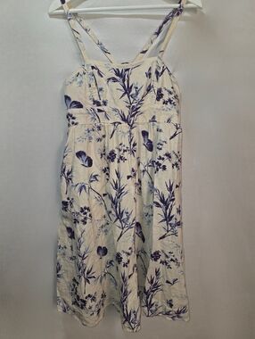 Linen Gap Sundress Ivory & Blue With Pockets Cottagecore Babydoll Sz Sm